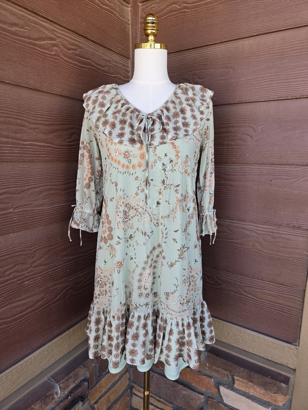 Est. 1946 Cato's Boho 3/4 Sleeve Women's Ruffle Floral Paisley Mini Dress Sz XS